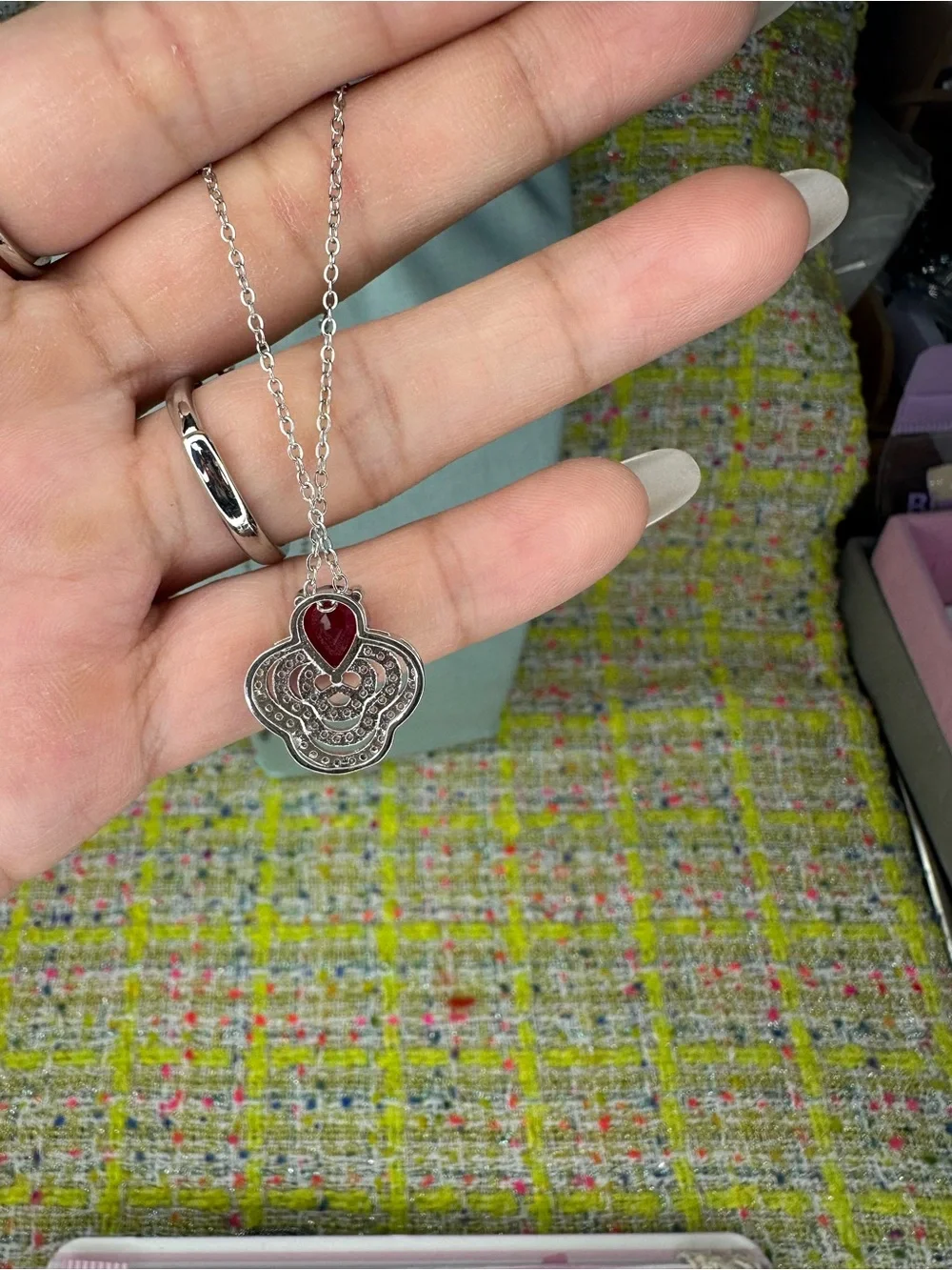 Silver Ring and Pendant Jewelry Set with Red Gemstones ring open size 5 to 13